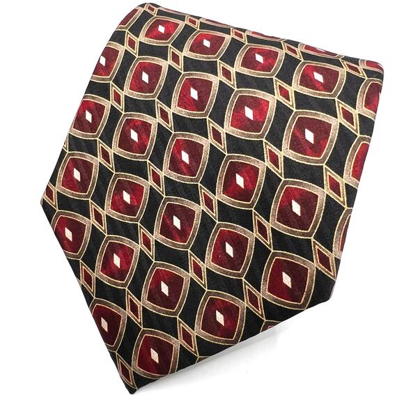 Vienicci Men's Tie- 60"- Black / Red Geometric Pattern Design - Silk Necktie - Picture 1 of 5